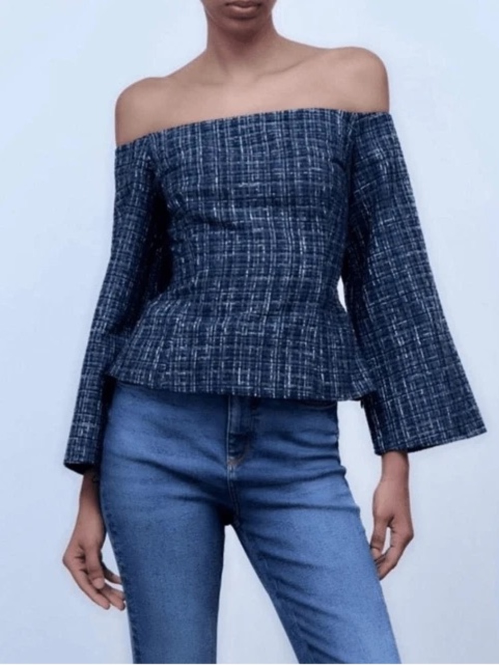 Zara Navy Tweed Off the Shoulder Top